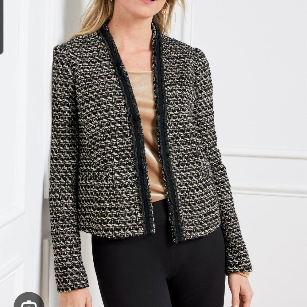 Talbots Black & Cream Tweed Open-Front Blazer